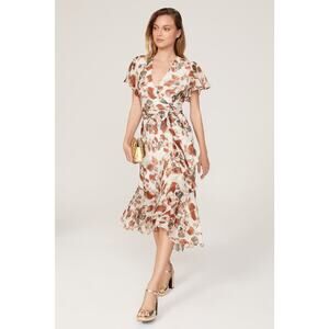 TANYA TAYLOR Multicolor Floral V-Neck Ruffle Sleeve Blaire Midi Dress Size 6